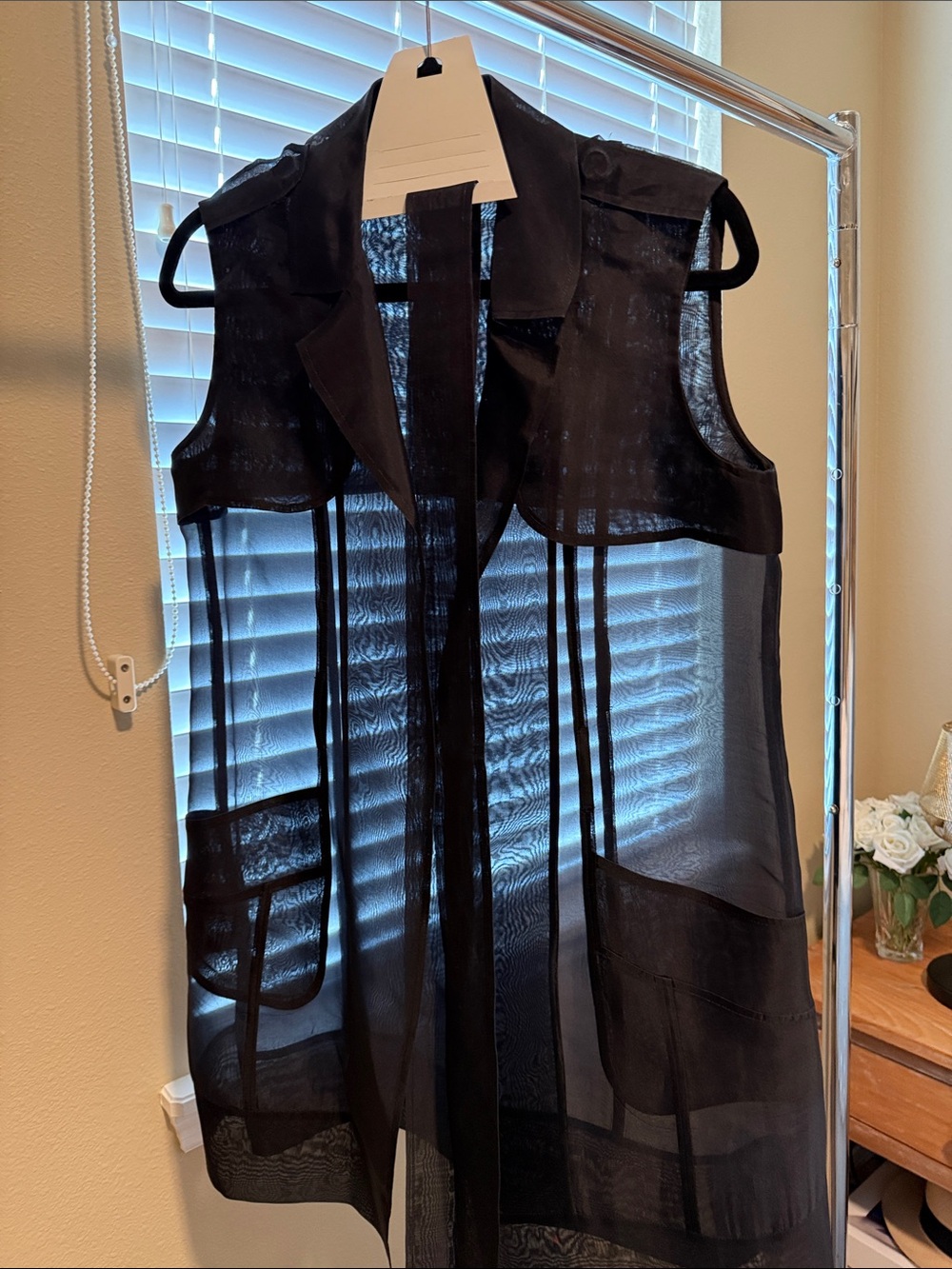 Black Sheer Sleeveless Tunic Vest with Notch Collar